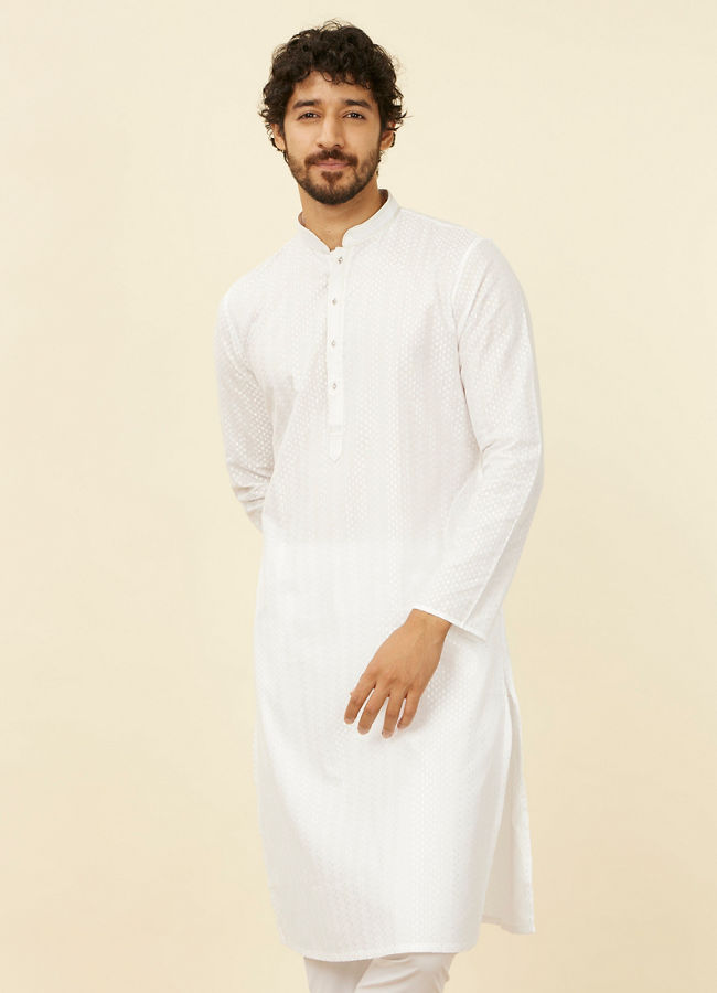 alt message - Manyavar Men Ivory White Kurta Set with Mirror work image number 0