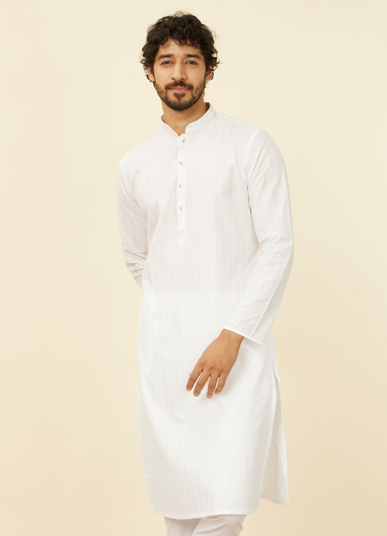 Manyavar Men Ivory White Kurta Set with Mirror work