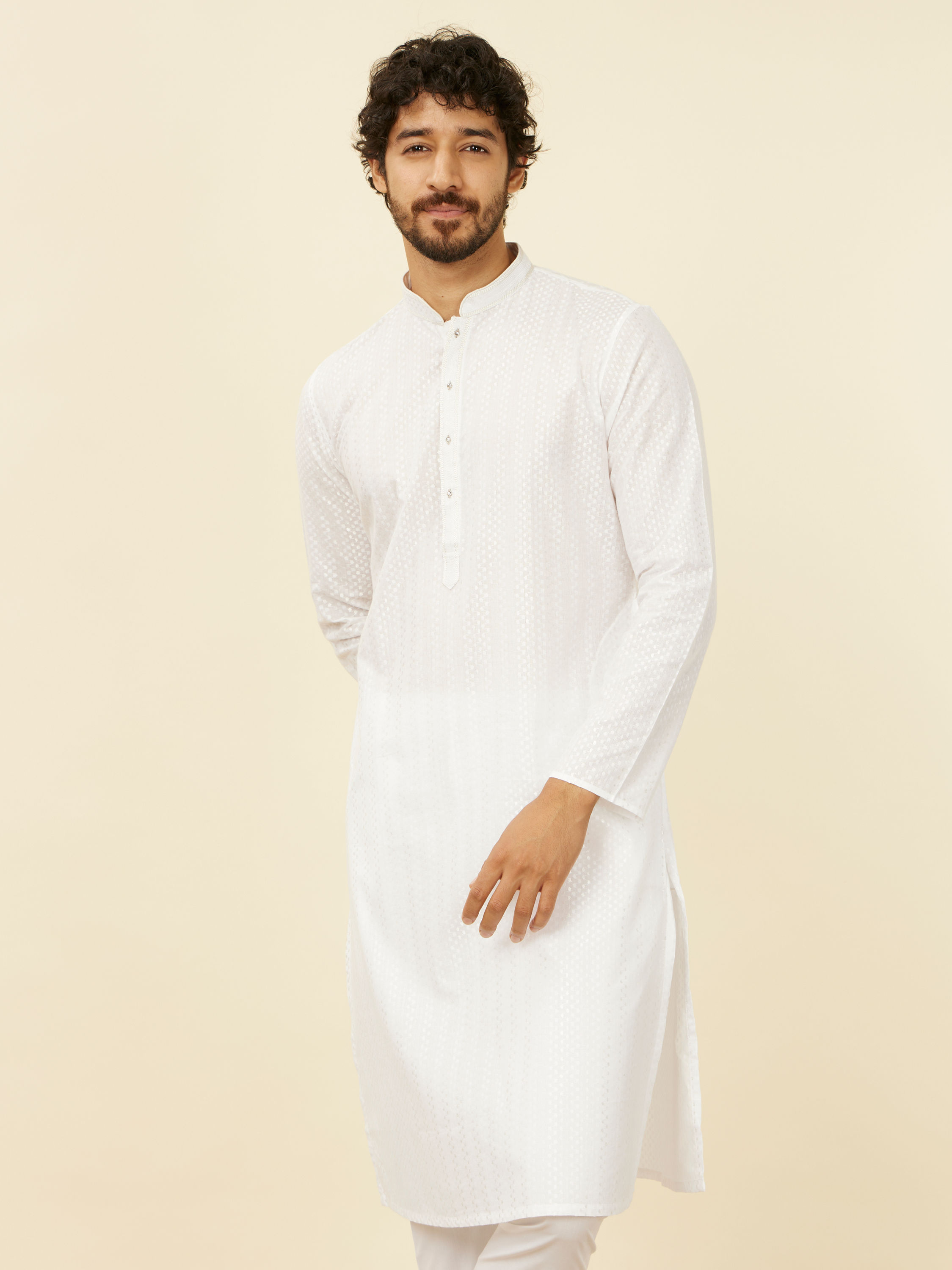 Manyavar Men Ivory White Kurta Set with Mirror work