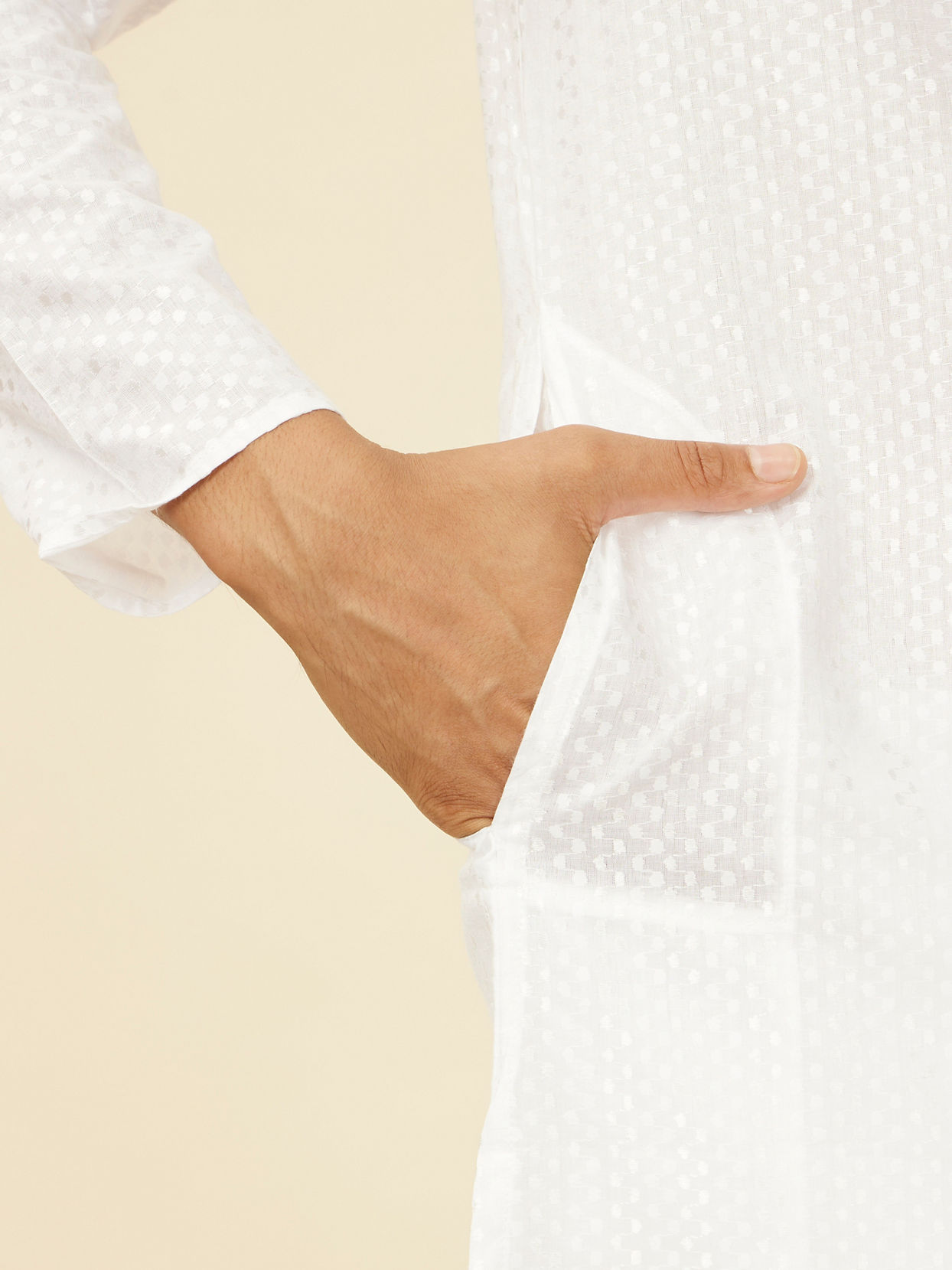 Manyavar Men Ivory White Kurta Set with Mirror work