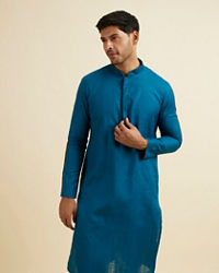 Manyavar Men Teal Blue Striped Plain Kurta Set