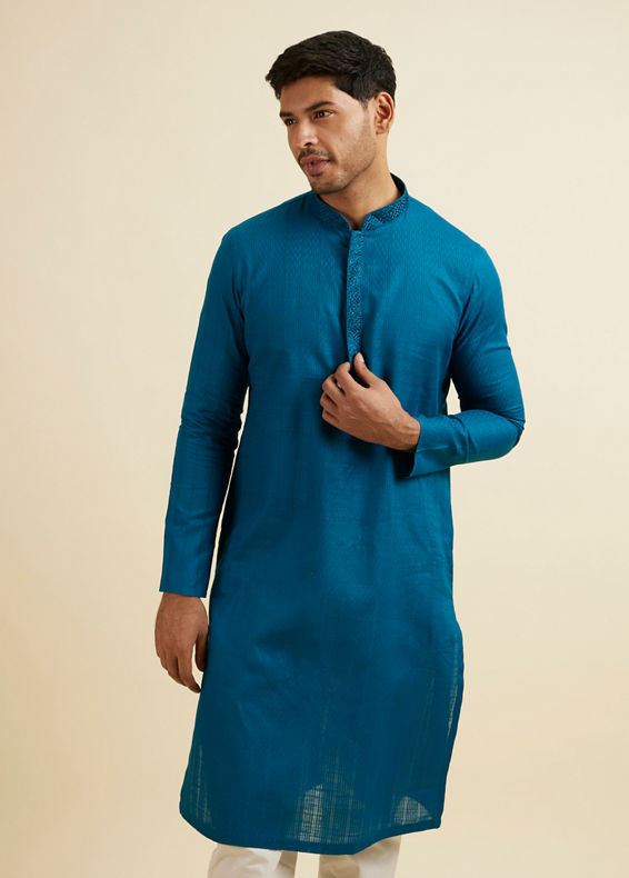 Manyavar Men Teal Blue Striped Plain Kurta Set