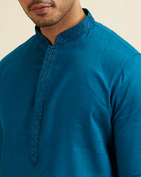 Manyavar Men Teal Blue Striped Plain Kurta Set