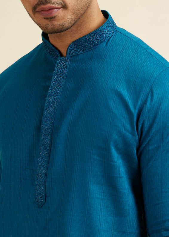 Manyavar Men Teal Blue Striped Plain Kurta Set