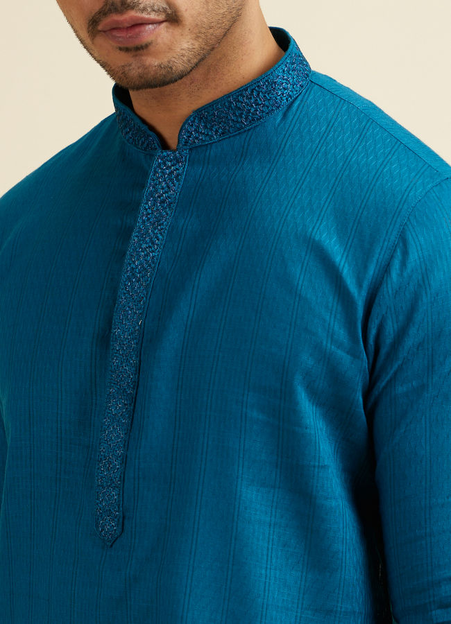 Manyavar Men Teal Blue Striped Plain Kurta Set