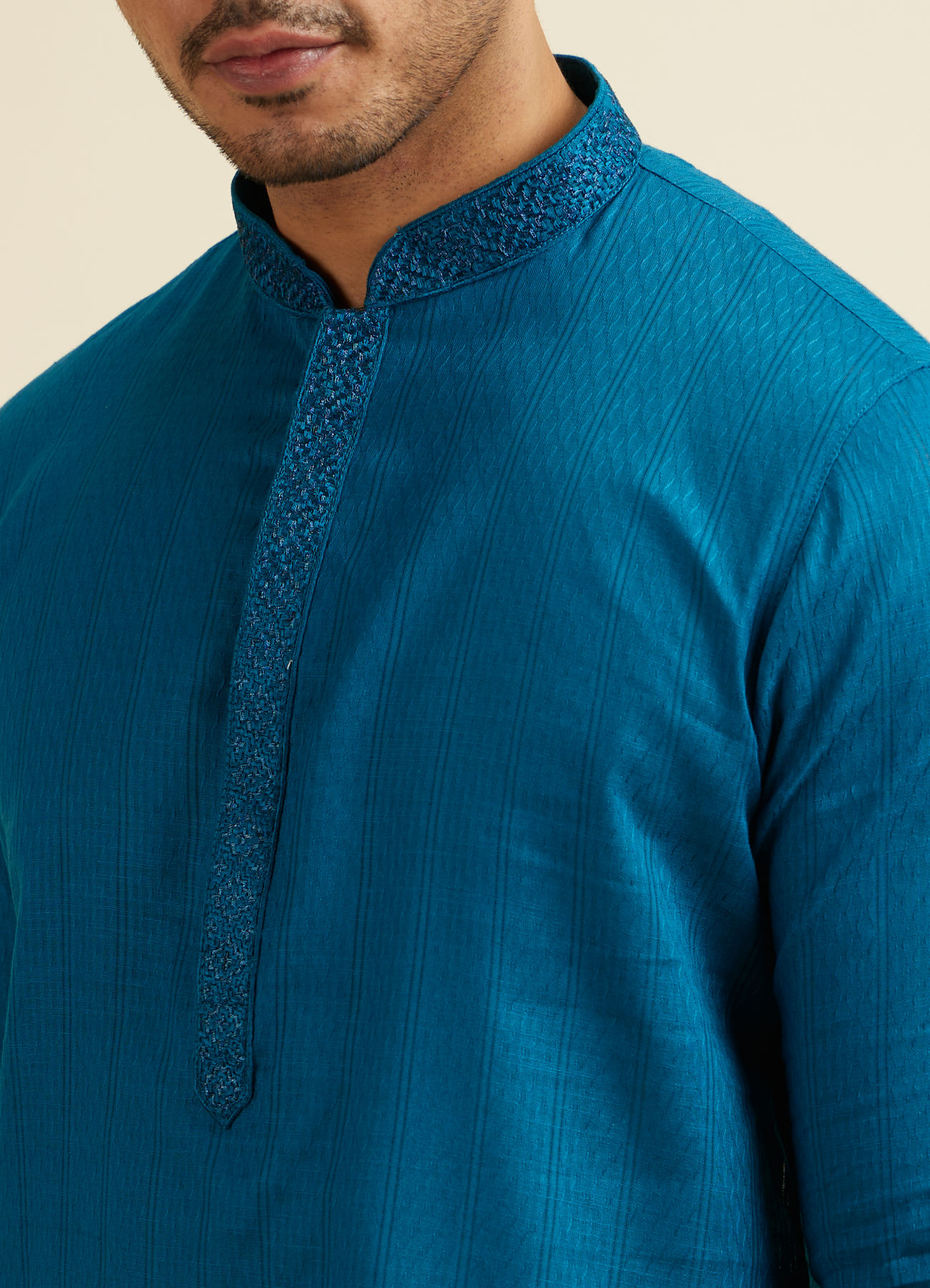 Manyavar Men Teal Blue Striped Plain Kurta Set