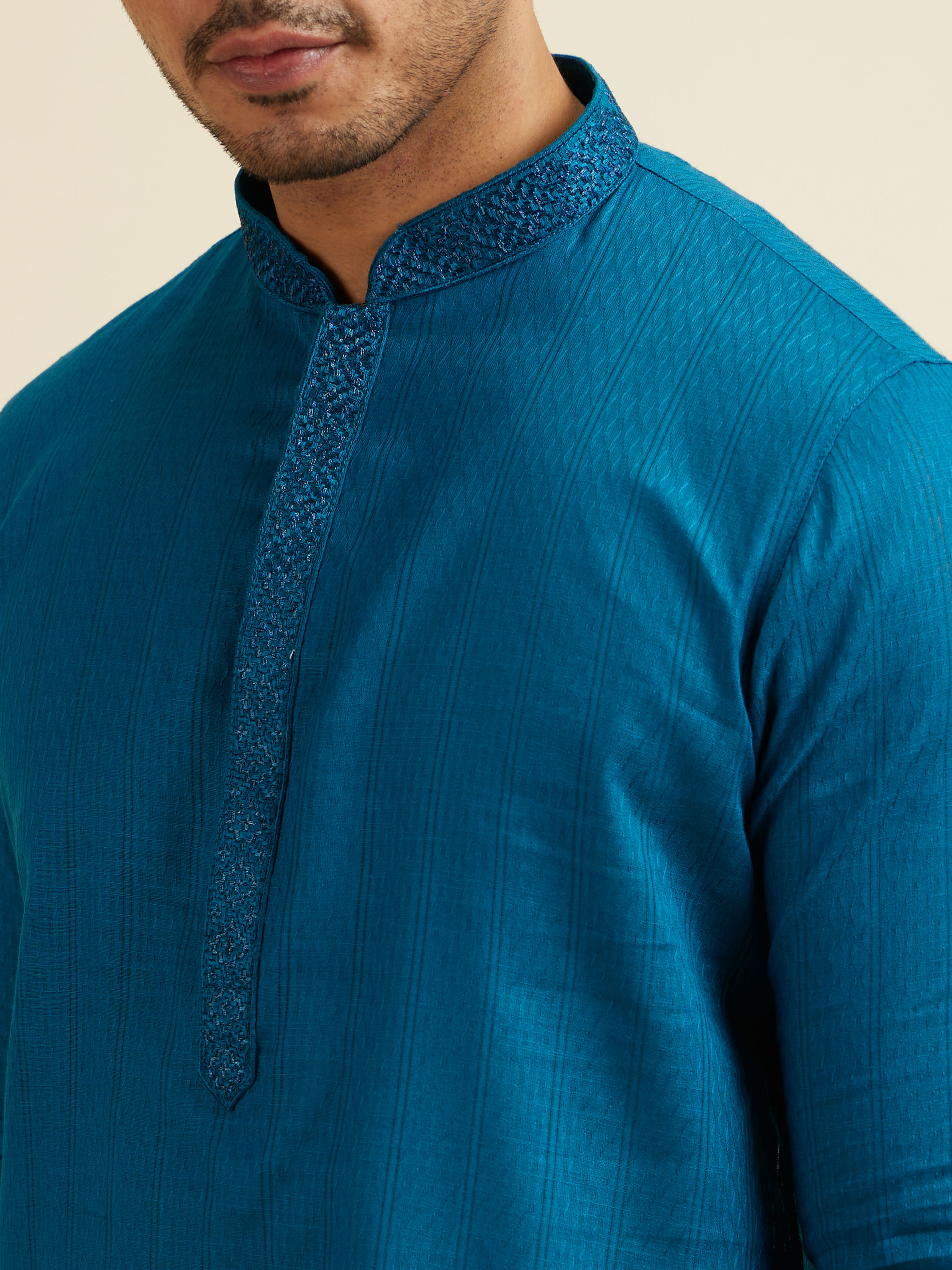 Manyavar Men Teal Blue Striped Plain Kurta Set