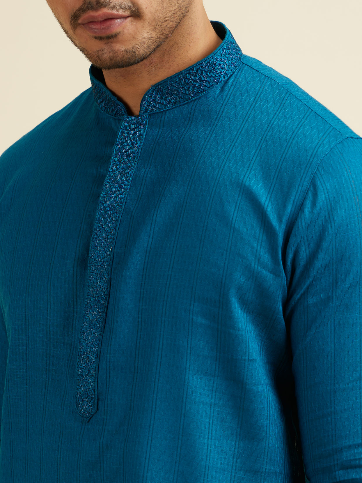 Manyavar Men Teal Blue Striped Plain Kurta Set