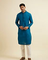 Manyavar Men Teal Blue Striped Plain Kurta Set image number 2