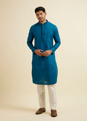 Manyavar Men Teal Blue Striped Plain Kurta Set image number 2