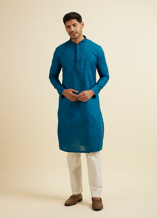 Manyavar Men Teal Blue Striped Plain Kurta Set