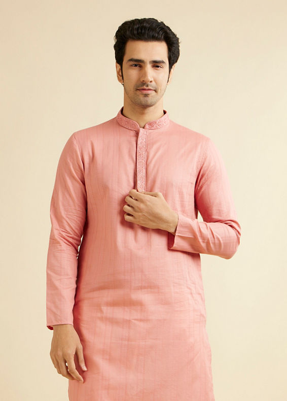 Manyavar Men Coral Peach Neck Embroidered Kurta Set