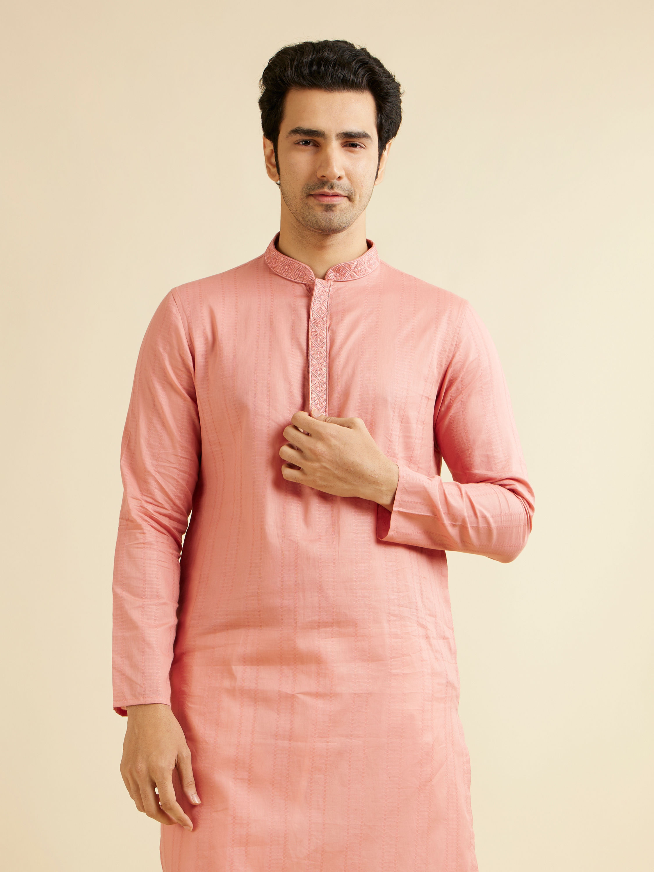 Manyavar Men Coral Peach Neck Embroidered Kurta Set