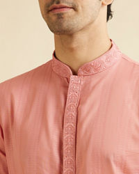 Manyavar Men Coral Peach Neck Embroidered Kurta Set