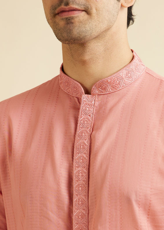 Manyavar Men Coral Peach Neck Embroidered Kurta Set