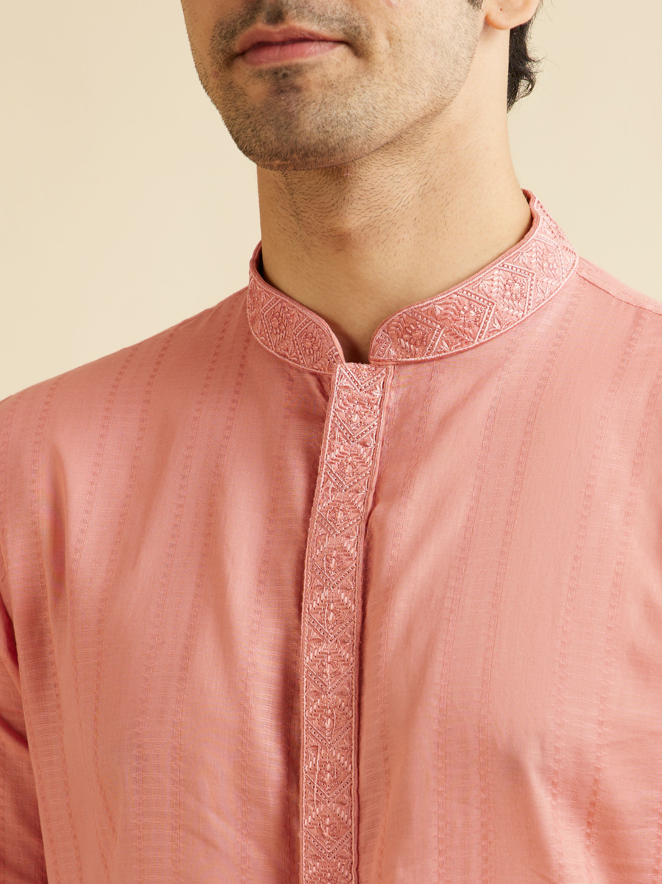 Manyavar Men Coral Peach Neck Embroidered Kurta Set