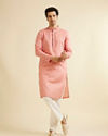 Manyavar Men Coral Peach Neck Embroidered Kurta Set