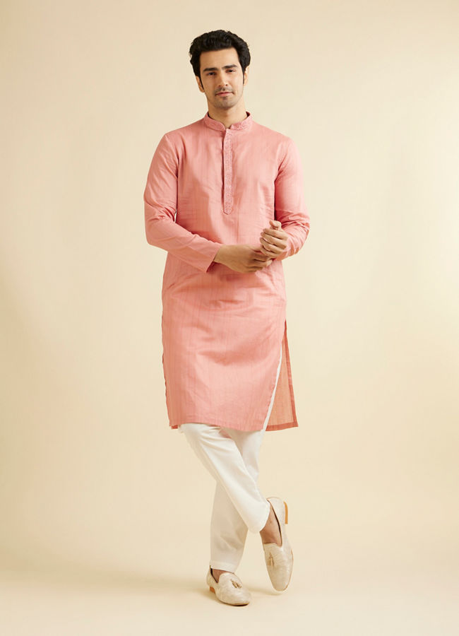 Manyavar Men Coral Peach Neck Embroidered Kurta Set