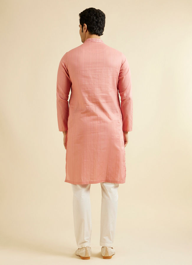 Manyavar Men Coral Peach Neck Embroidered Kurta Set