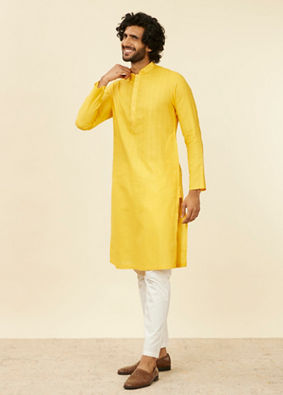 alt message - Manyavar Men Mustard Yellow Self Striped Kurta Set image number 2