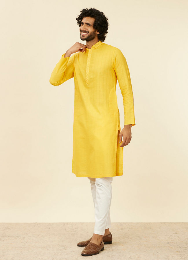 alt message - Manyavar Men Mustard Yellow Self Striped Kurta Set image number 2