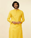 alt message - Manyavar Men Mustard Yellow Self Striped Kurta Set image number 0