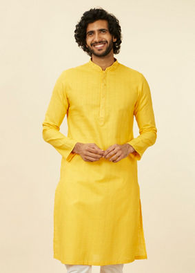 alt message - Manyavar Men Mustard Yellow Self Striped Kurta Set image number 0