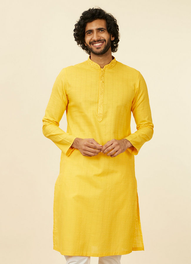 alt message - Manyavar Men Mustard Yellow Self Striped Kurta Set image number 0