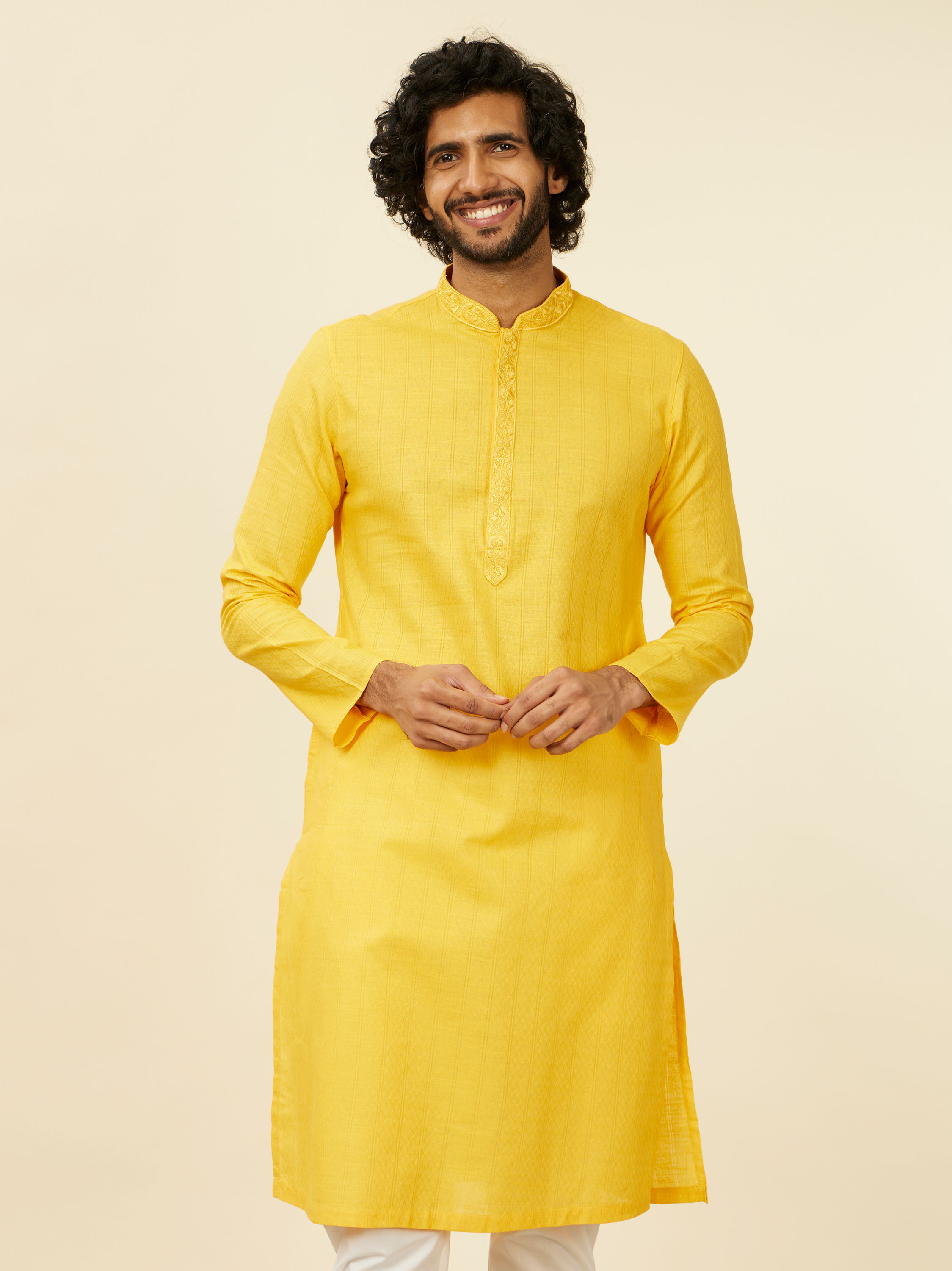 Manyavar Men Mustard Yellow Self Striped Kurta Set