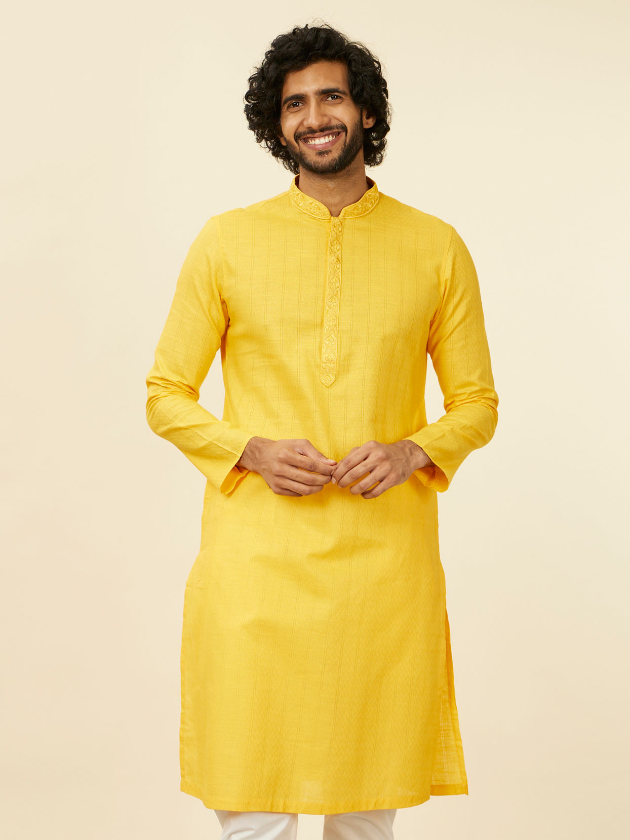 alt message - Manyavar Men Mustard Yellow Self Striped Kurta Set image number 0