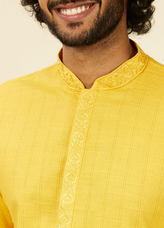 Manyavar Men Mustard Yellow Self Striped Kurta Set