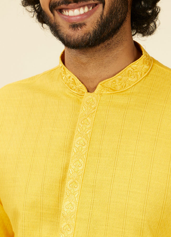 alt message - Manyavar Men Mustard Yellow Self Striped Kurta Set image number 1