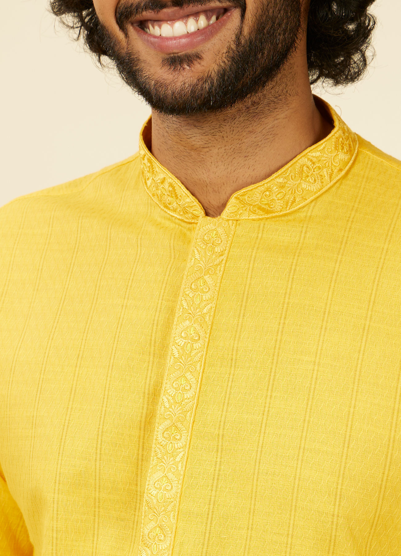 Manyavar Men Mustard Yellow Self Striped Kurta Set
