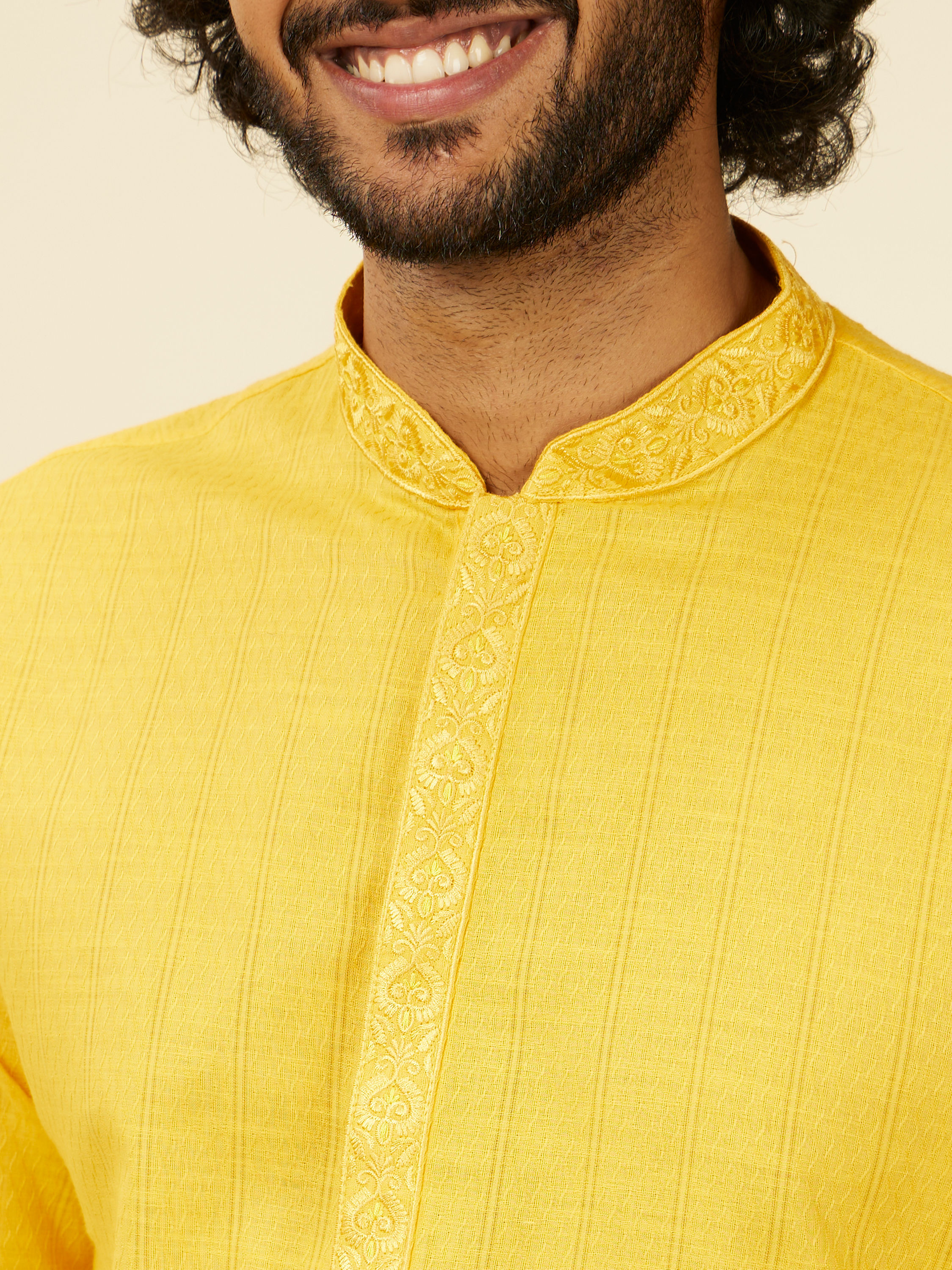 Manyavar Men Mustard Yellow Self Striped Kurta Set