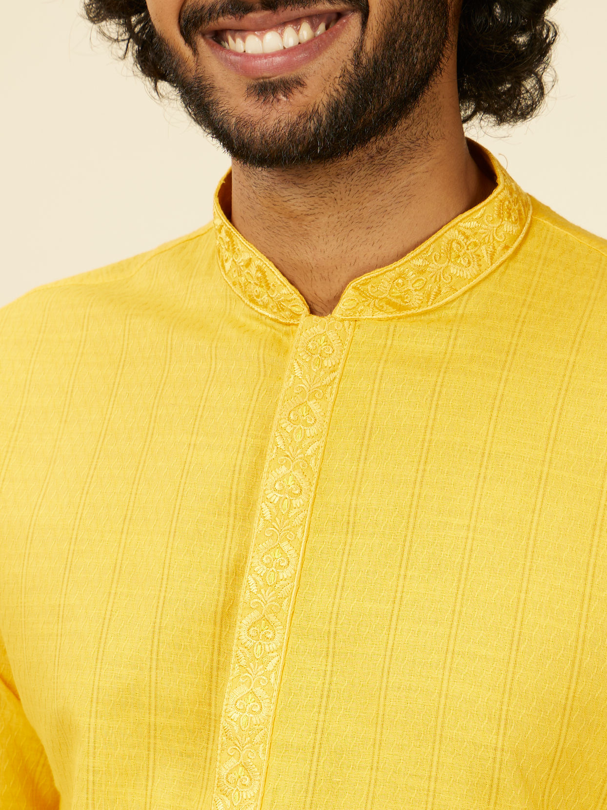 alt message - Manyavar Men Mustard Yellow Self Striped Kurta Set image number 1