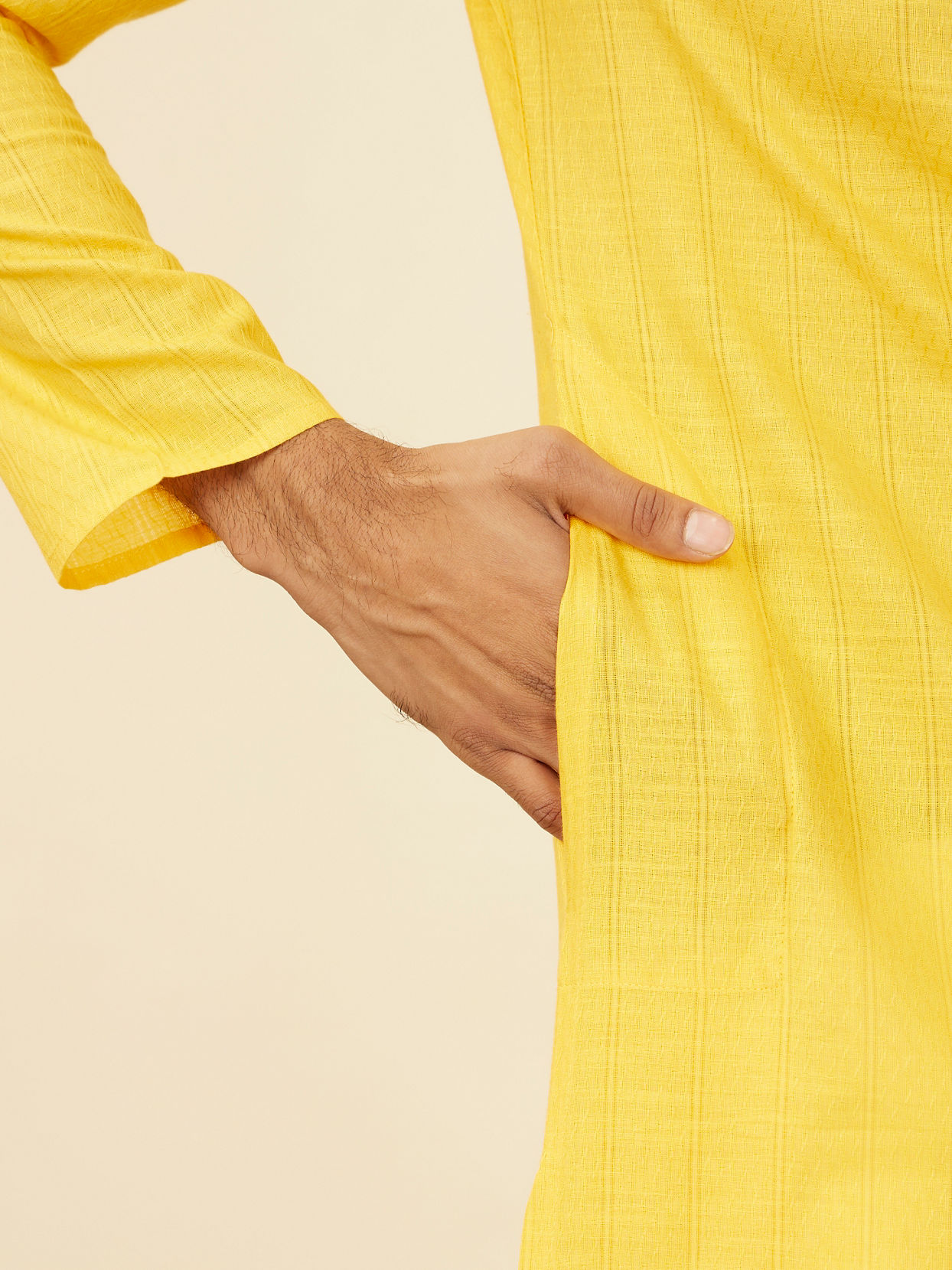 Manyavar Men Mustard Yellow Self Striped Kurta Set