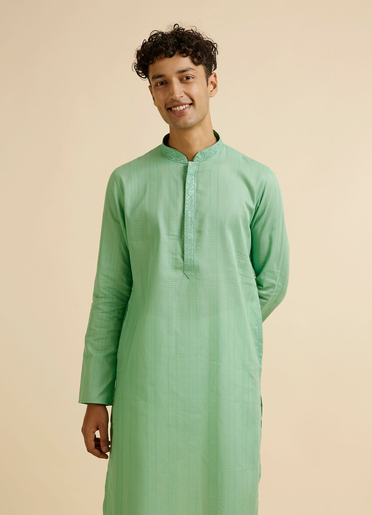 Manyavar Men Light Mid Green Self Patterned Kurta Set