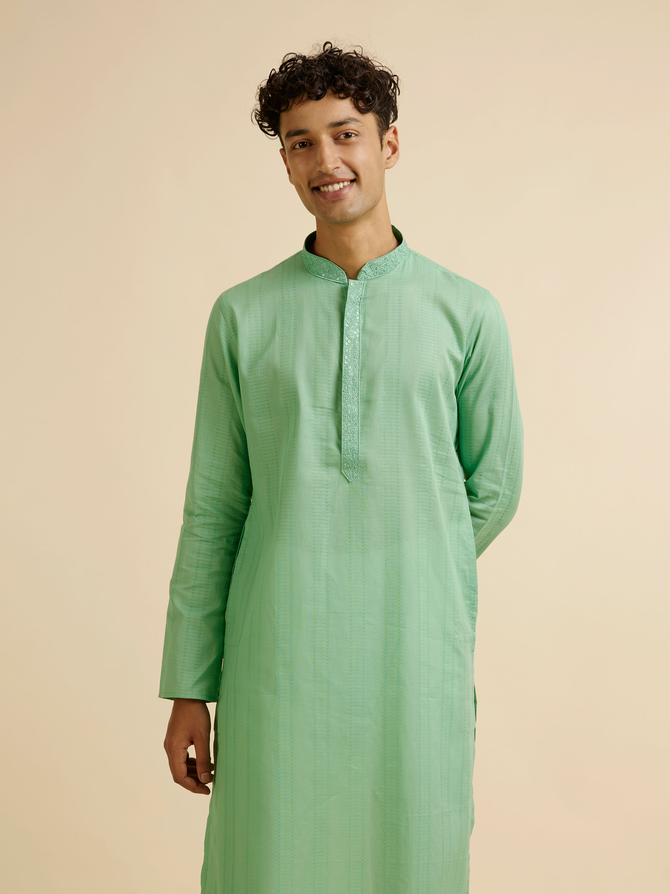 Manyavar Men Light Mid Green Self Patterned Kurta Set