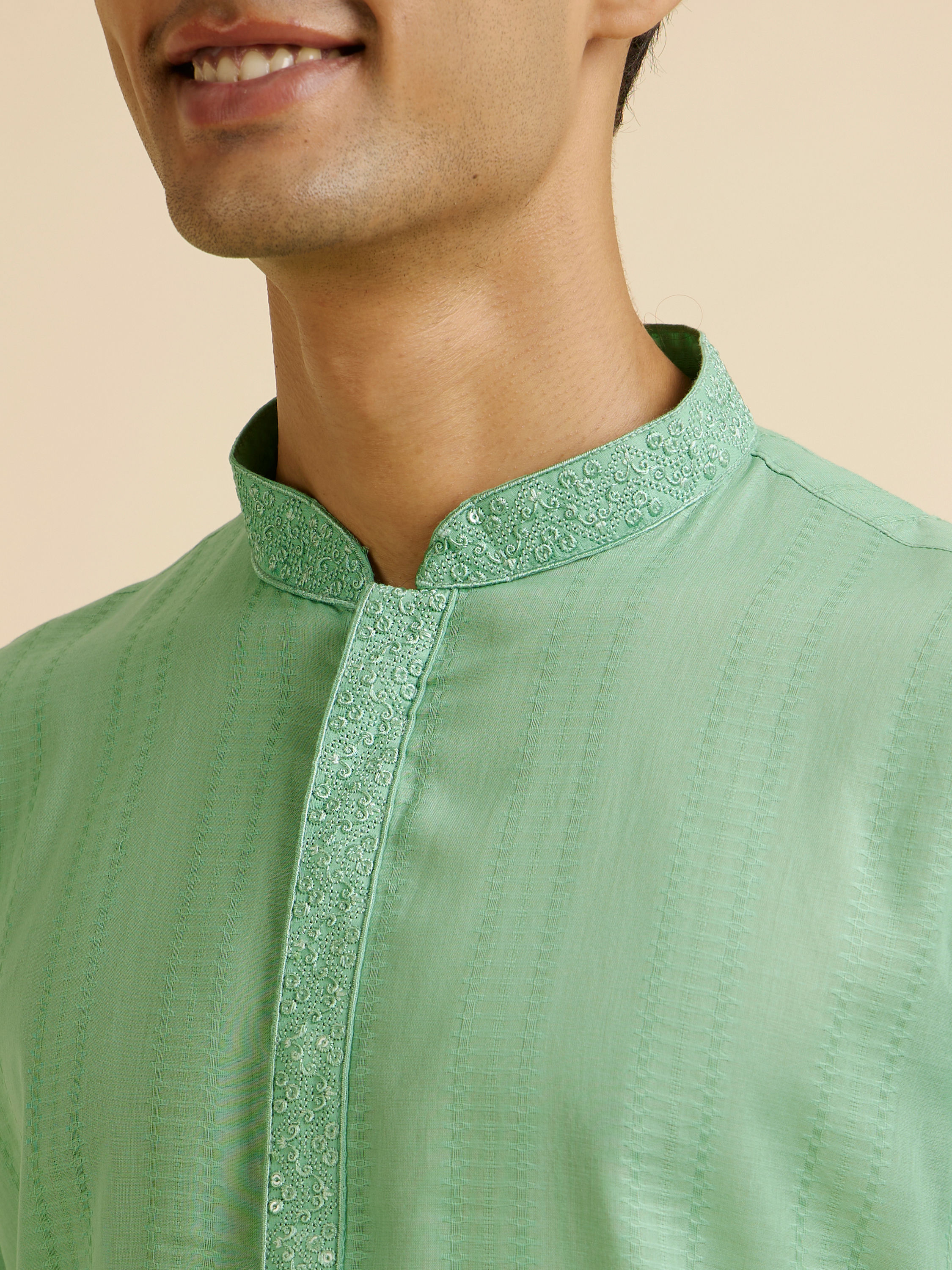 Manyavar Men Light Mid Green Self Patterned Kurta Set