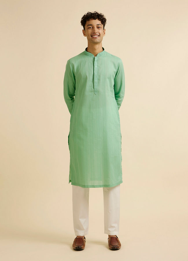 Manyavar Men Light Mid Green Self Patterned Kurta Set