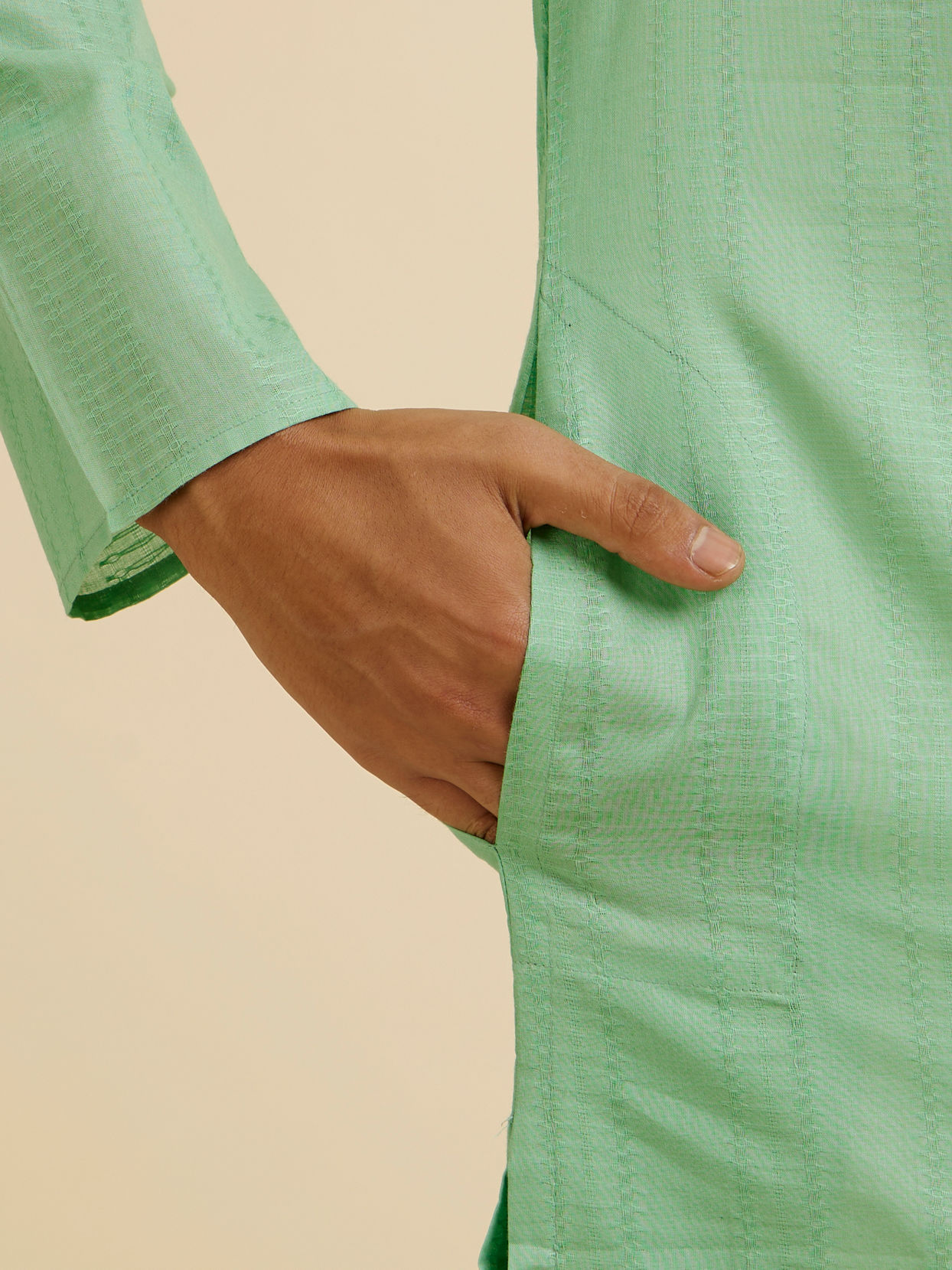 Manyavar Men Light Mid Green Self Patterned Kurta Set