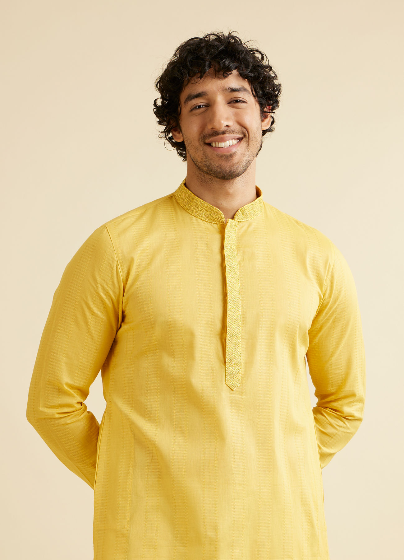 Manyavar Men Mustard Yellow Linear Self Patterned Kurta Set