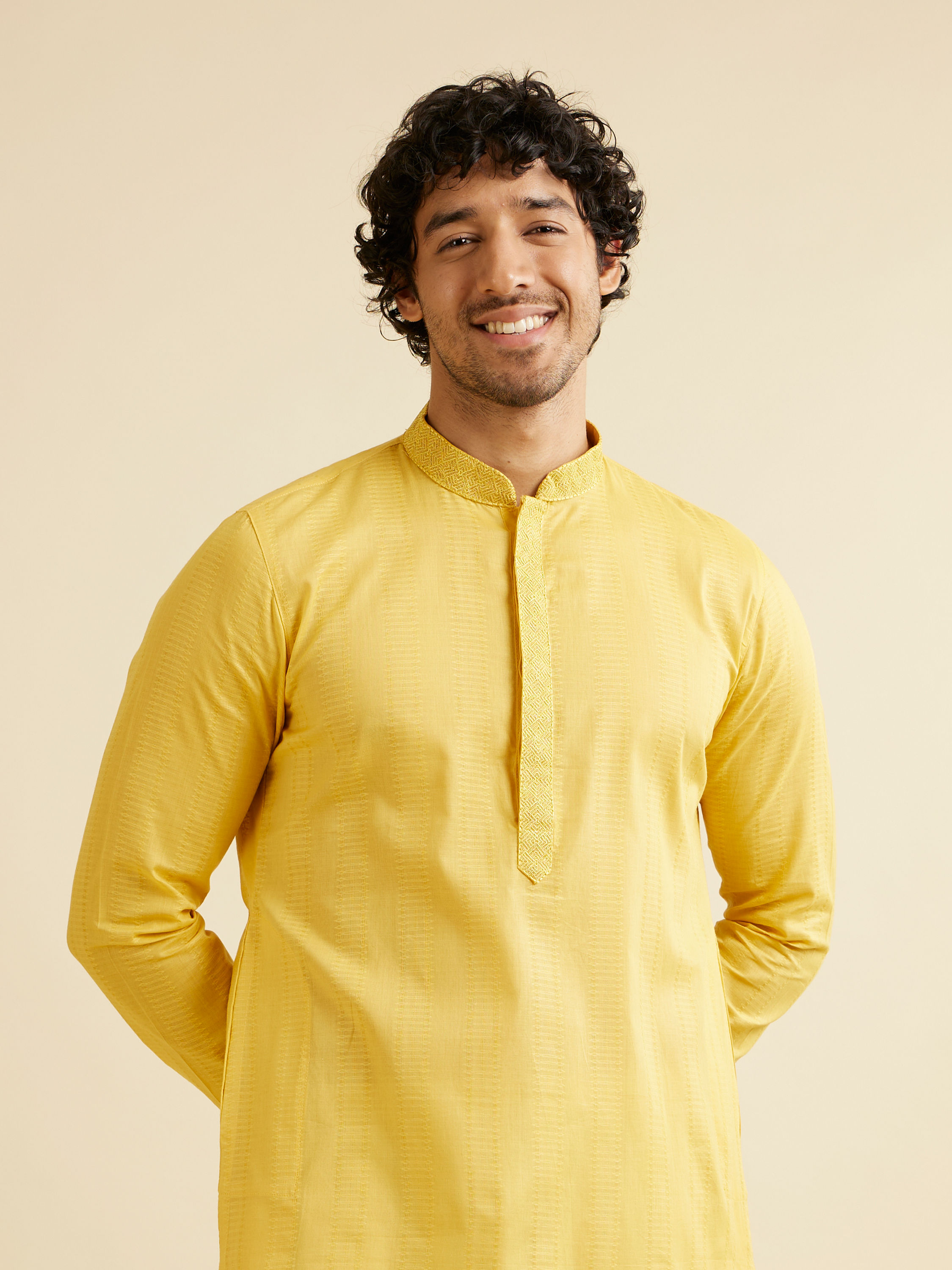 Manyavar Men Mustard Yellow Linear Self Patterned Kurta Set