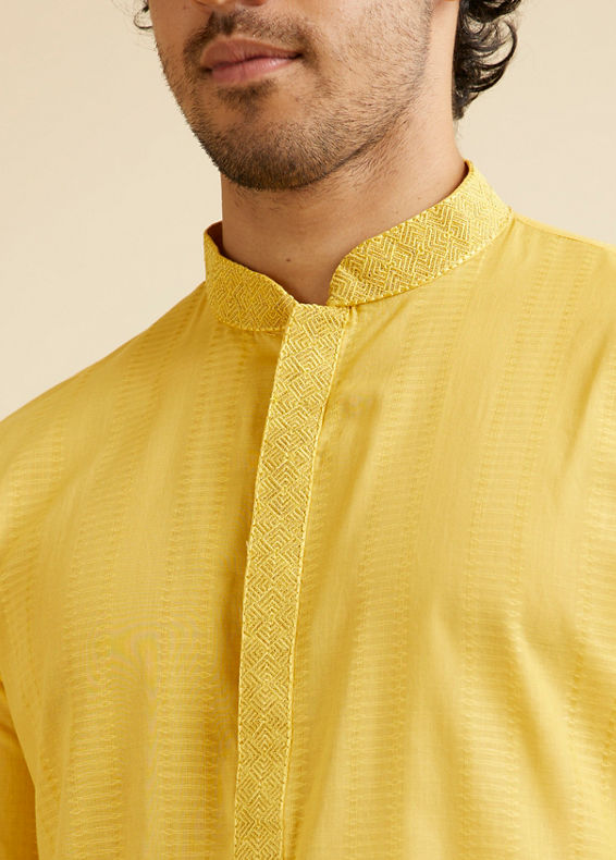 Manyavar Men Mustard Yellow Linear Self Patterned Kurta Set