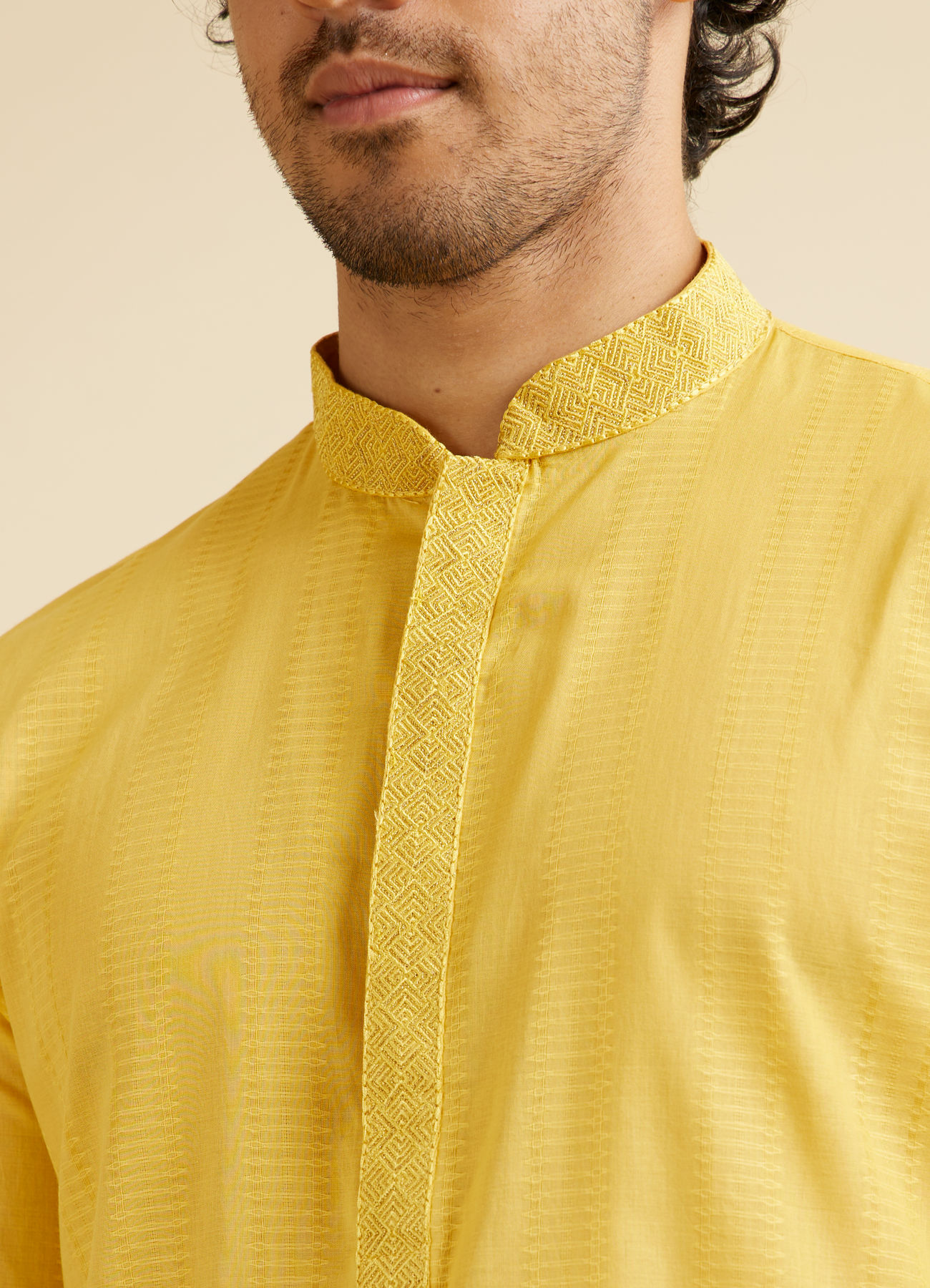 Manyavar Men Mustard Yellow Linear Self Patterned Kurta Set