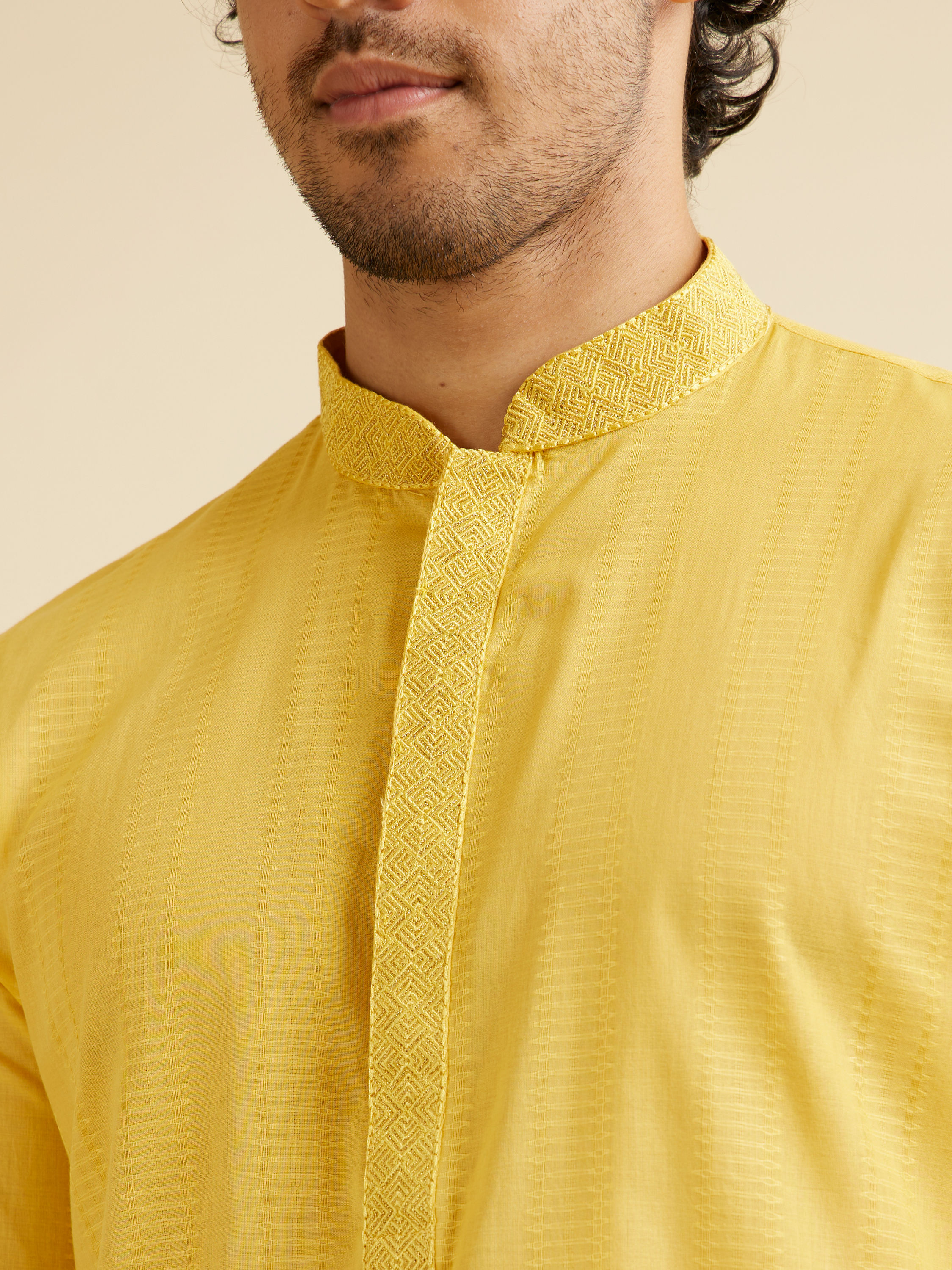 Manyavar Men Mustard Yellow Linear Self Patterned Kurta Set