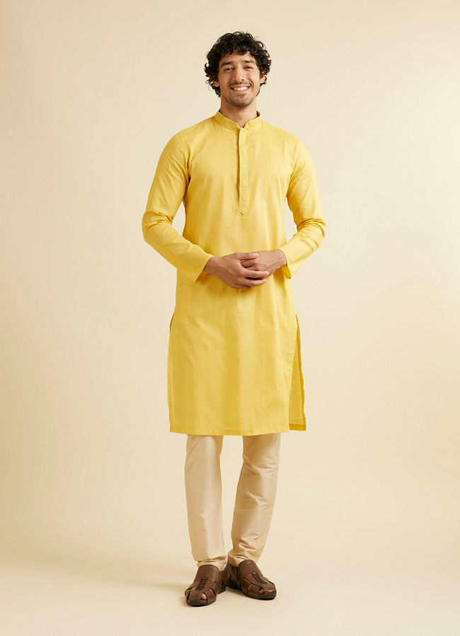 Manyavar Men Mustard Yellow Linear Self Patterned Kurta Set