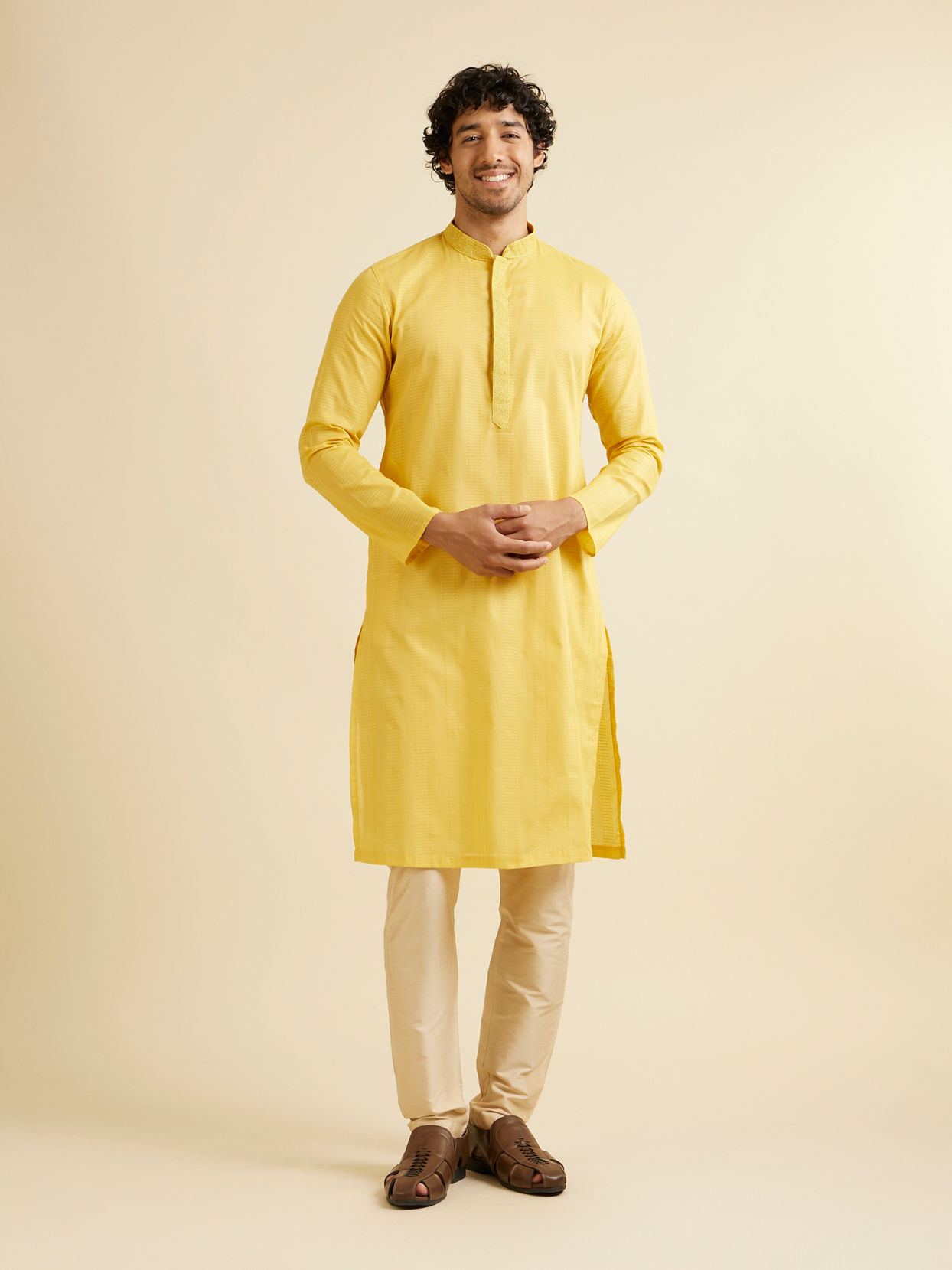 Manyavar Men Mustard Yellow Linear Self Patterned Kurta Set