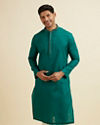 alt message - Manyavar Men Teal Green Striped Plain Kurta Set image number 0