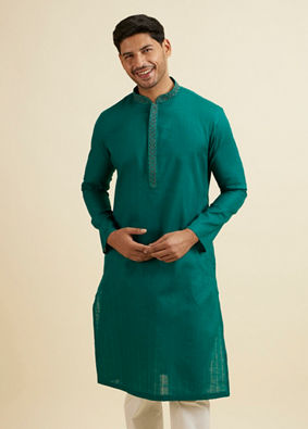 alt message - Manyavar Men Teal Green Striped Plain Kurta Set image number 0